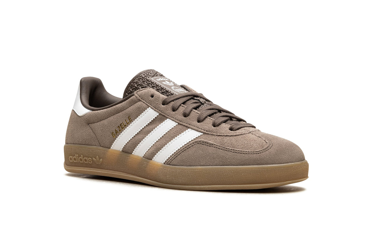 adidas Gazelle Indoor Sneakers - Taupe with White Stripes and Gum Sole