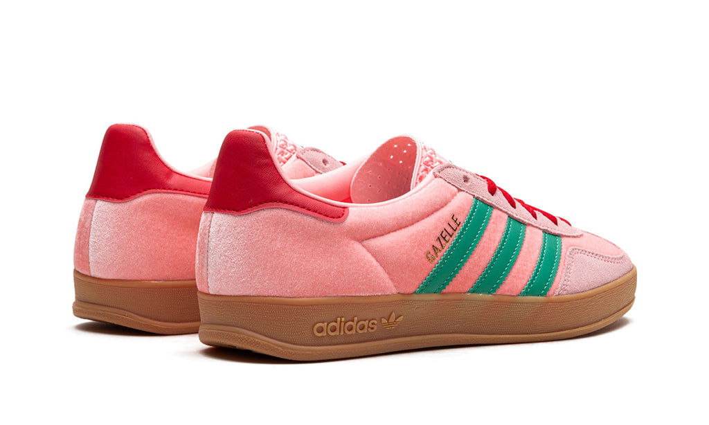 adidas Gazelle Indoor Sneakers - Pink with Green Stripes, Red Accents and Gum Sole