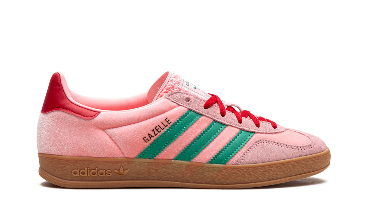adidas Gazelle Indoor Sneakers - Pink with Green Stripes, Red Accents and Gum Sole