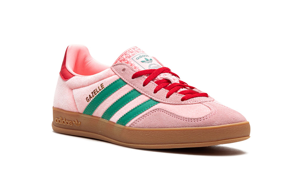 adidas Gazelle Indoor Sneakers - Pink with Green Stripes, Red Accents and Gum Sole