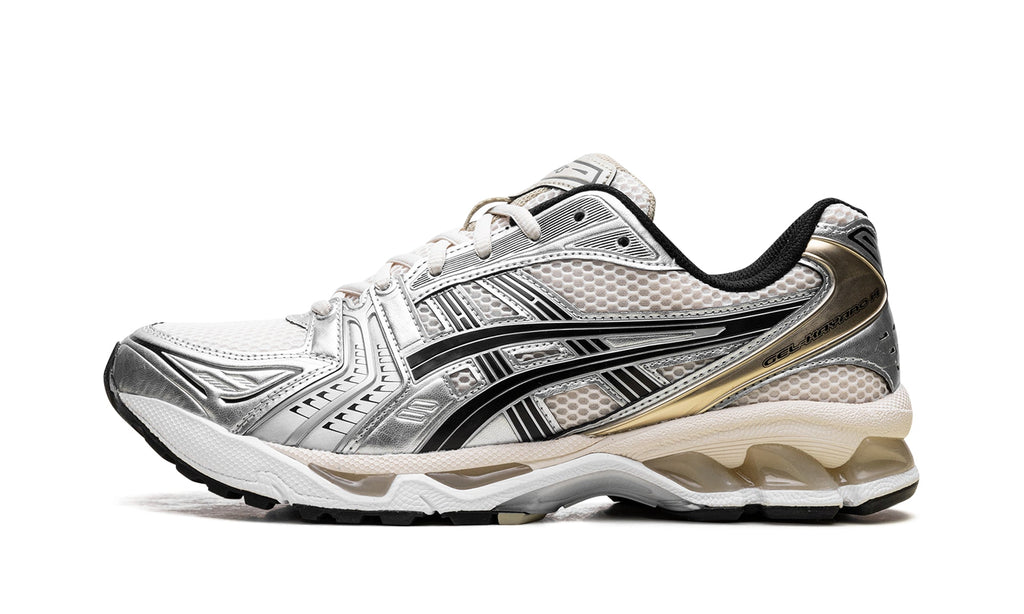 ASICS GEL-KAYANO 14 Sneakers - White and Metallic Silver with Black and Gold-Tone Details