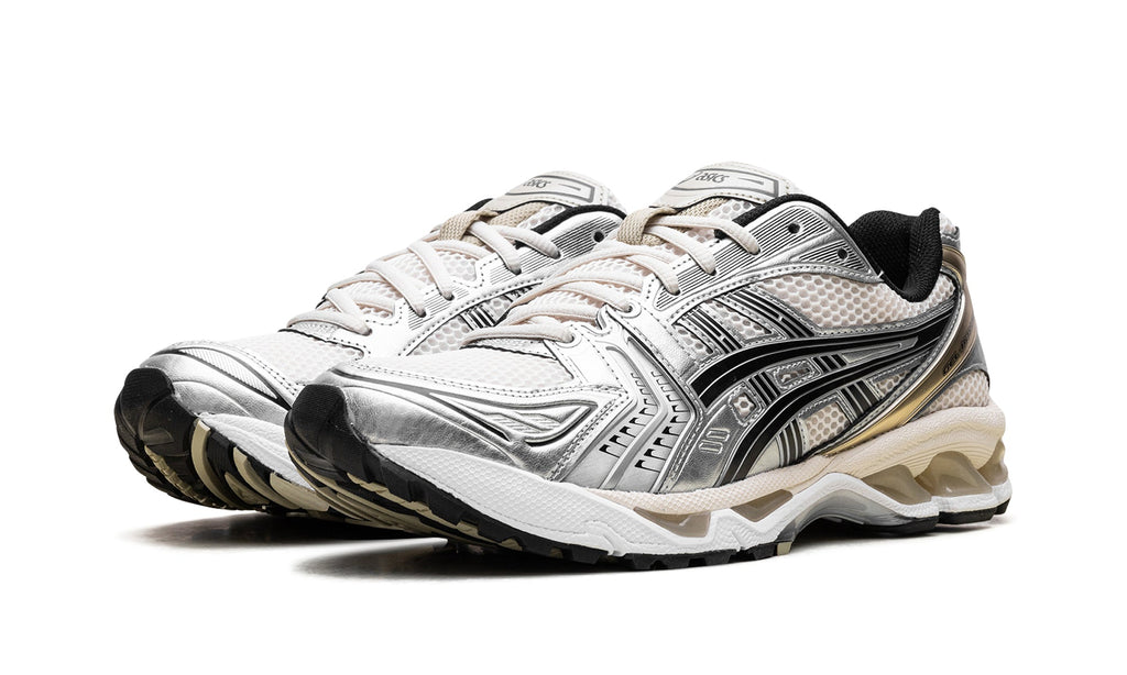 ASICS GEL-KAYANO 14 Sneakers - White and Metallic Silver with Black and Gold-Tone Details