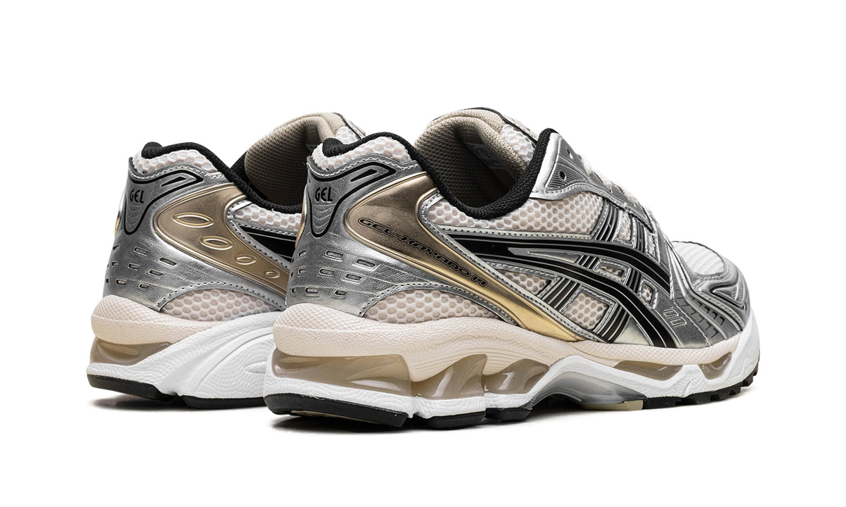 ASICS GEL-KAYANO 14 Sneakers - White and Metallic Silver with Black and Gold-Tone Details