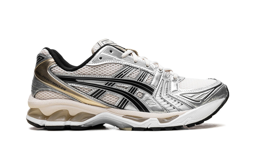 ASICS GEL-KAYANO 14 Sneakers - White and Metallic Silver with Black and Gold-Tone Details