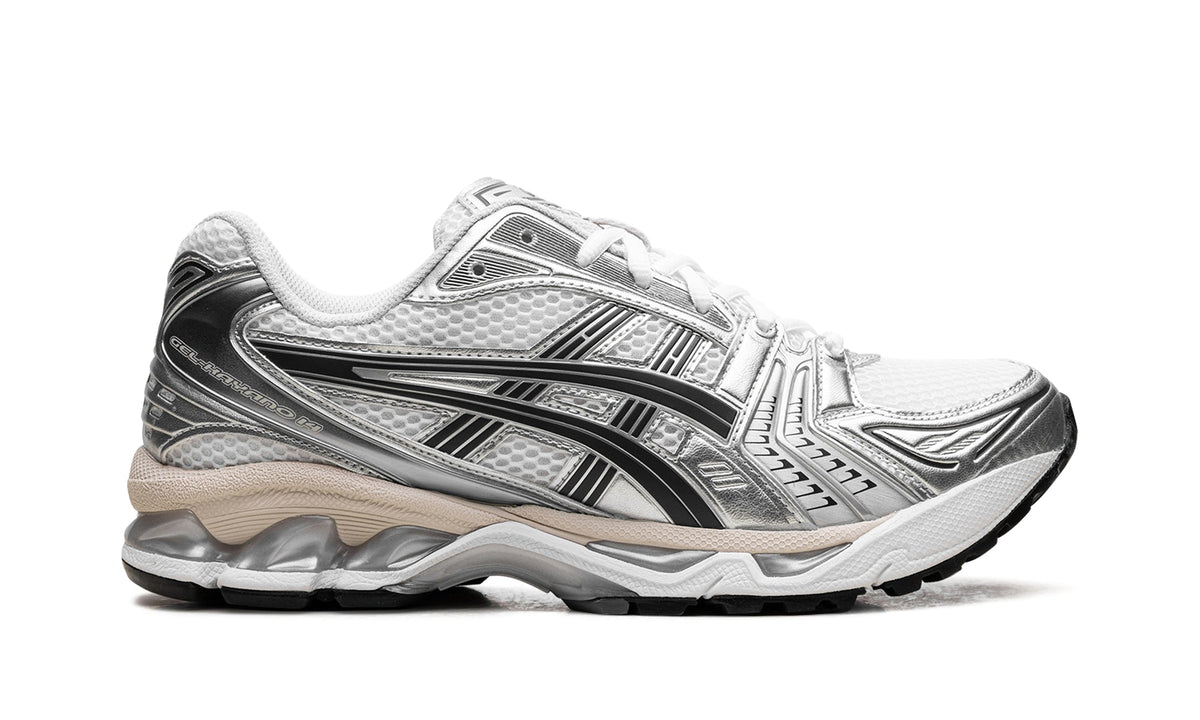 ASICS GEL-KAYANO 14 Sneakers - White and Metallic Silver with Black Accents