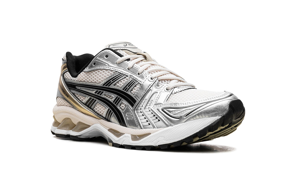 ASICS GEL-KAYANO 14 Sneakers - White and Metallic Silver with Black and Gold-Tone Details