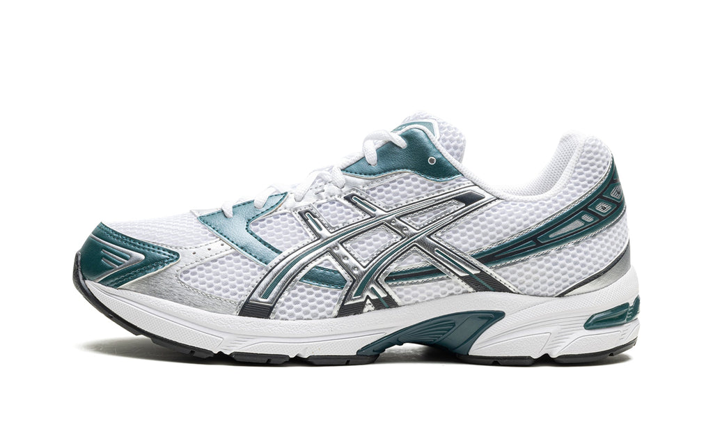 ASICS GEL-1130 Sneakers – White Mesh, Metallic Silver Overlays & Deep Teal Accents