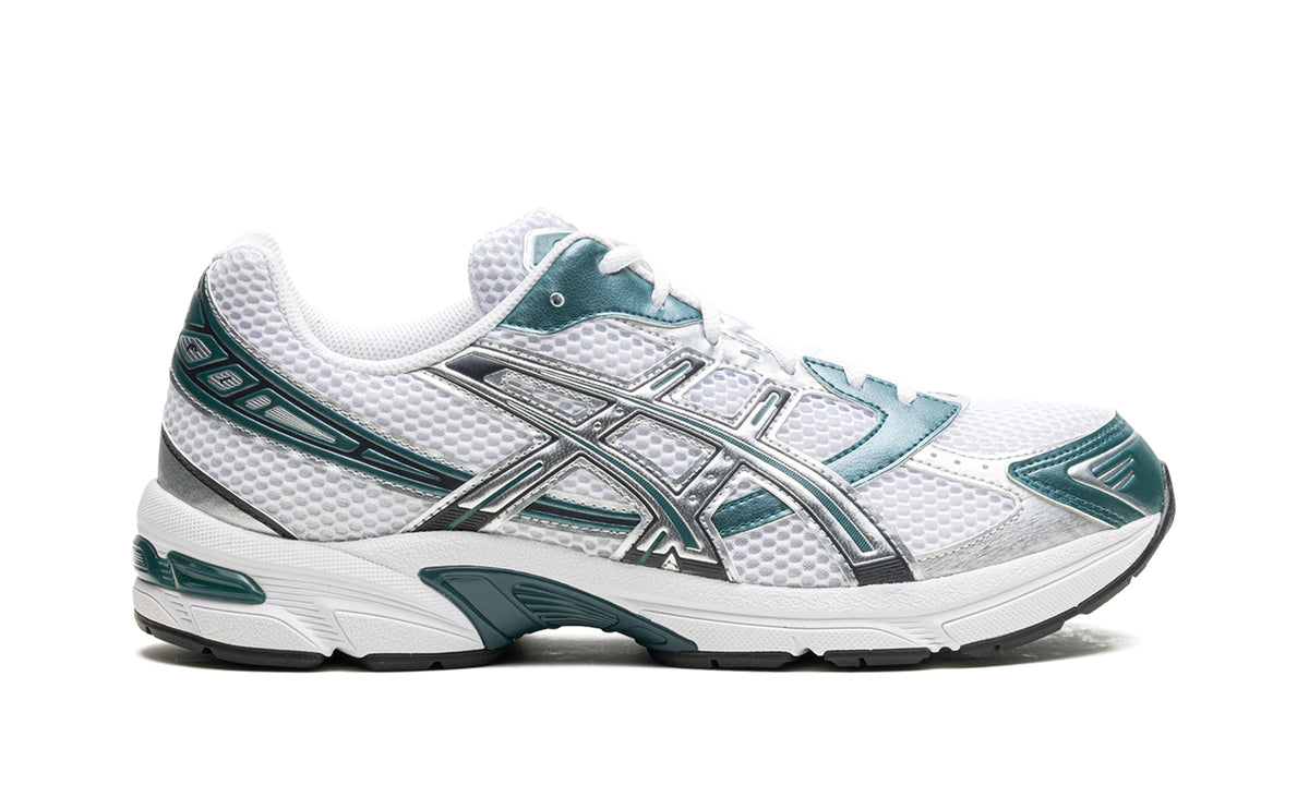ASICS GEL-1130 Sneakers – White Mesh, Metallic Silver Overlays & Deep Teal Accents