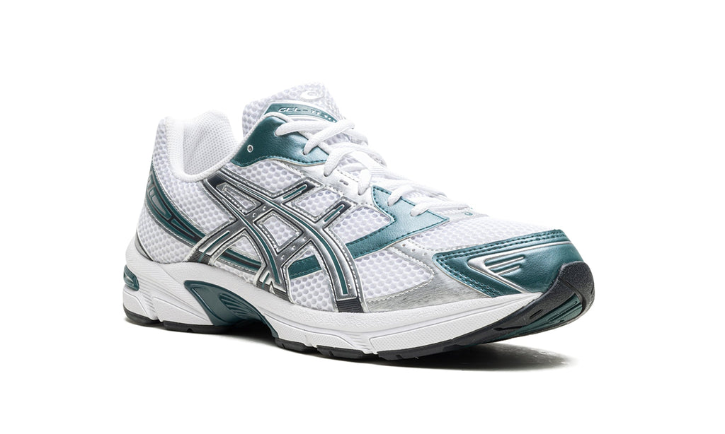 ASICS GEL-1130 Sneakers – White Mesh, Metallic Silver Overlays & Deep Teal Accents
