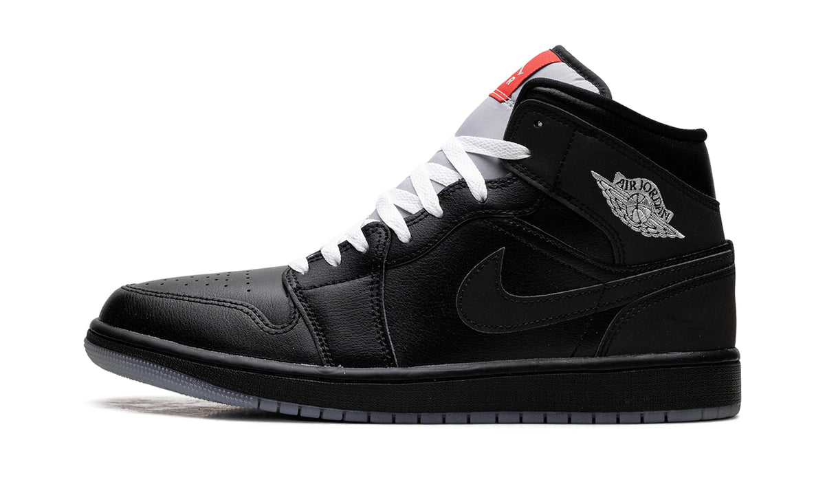 Air Jordan 1 Mid SE Sneakers - Black & Grey with White Laces and Red Accents