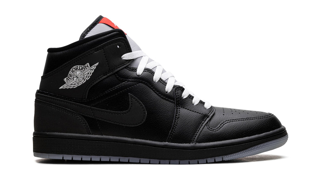 Air Jordan 1 Mid SE Sneakers - Black & Grey with White Laces and Red Accents