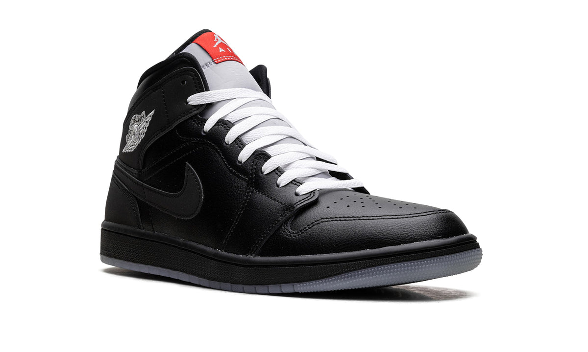 Air Jordan 1 Mid SE Sneakers - Black & Grey with White Laces and Red Accents