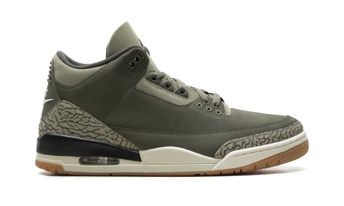 Air Jordan 3 Sneakers - Olive/Black with Elephant Print and Gum-Colored Sole