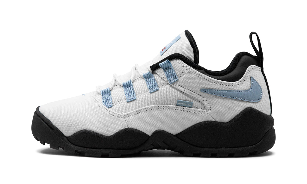 Supreme x Nike SB Darwin Low Sneakers – White, Light Blue & Black with Reverse Swooshes