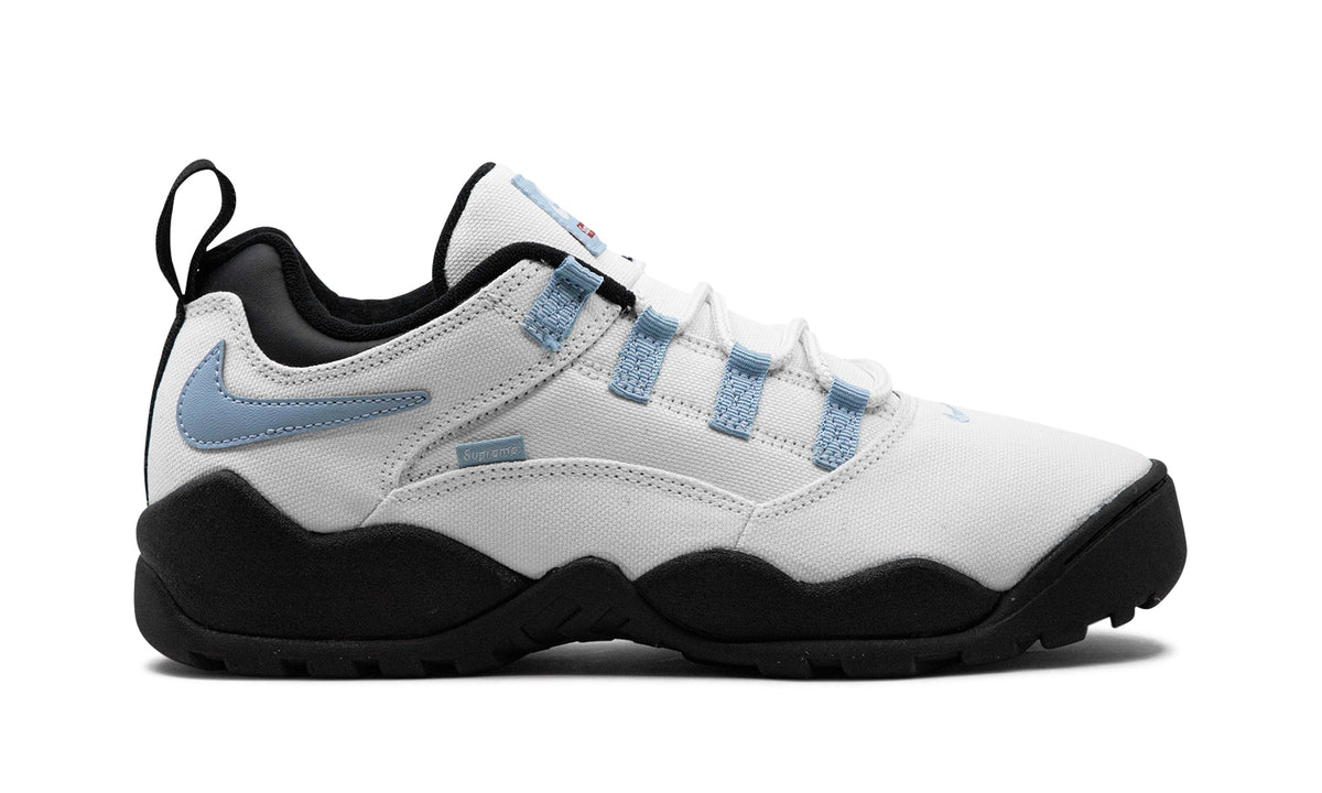 Supreme x Nike SB Darwin Low Sneakers – White, Light Blue & Black with Reverse Swooshes