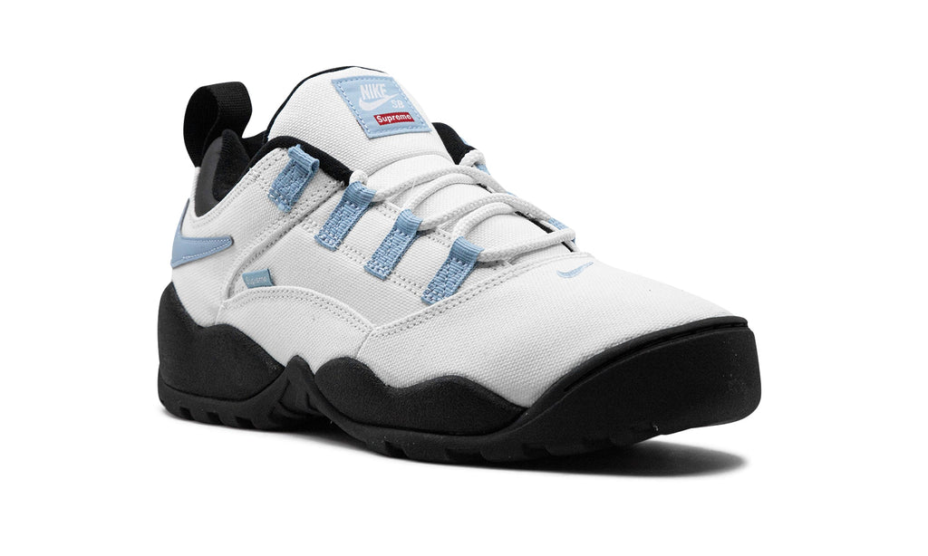 Supreme x Nike SB Darwin Low Sneakers – White, Light Blue & Black with Reverse Swooshes