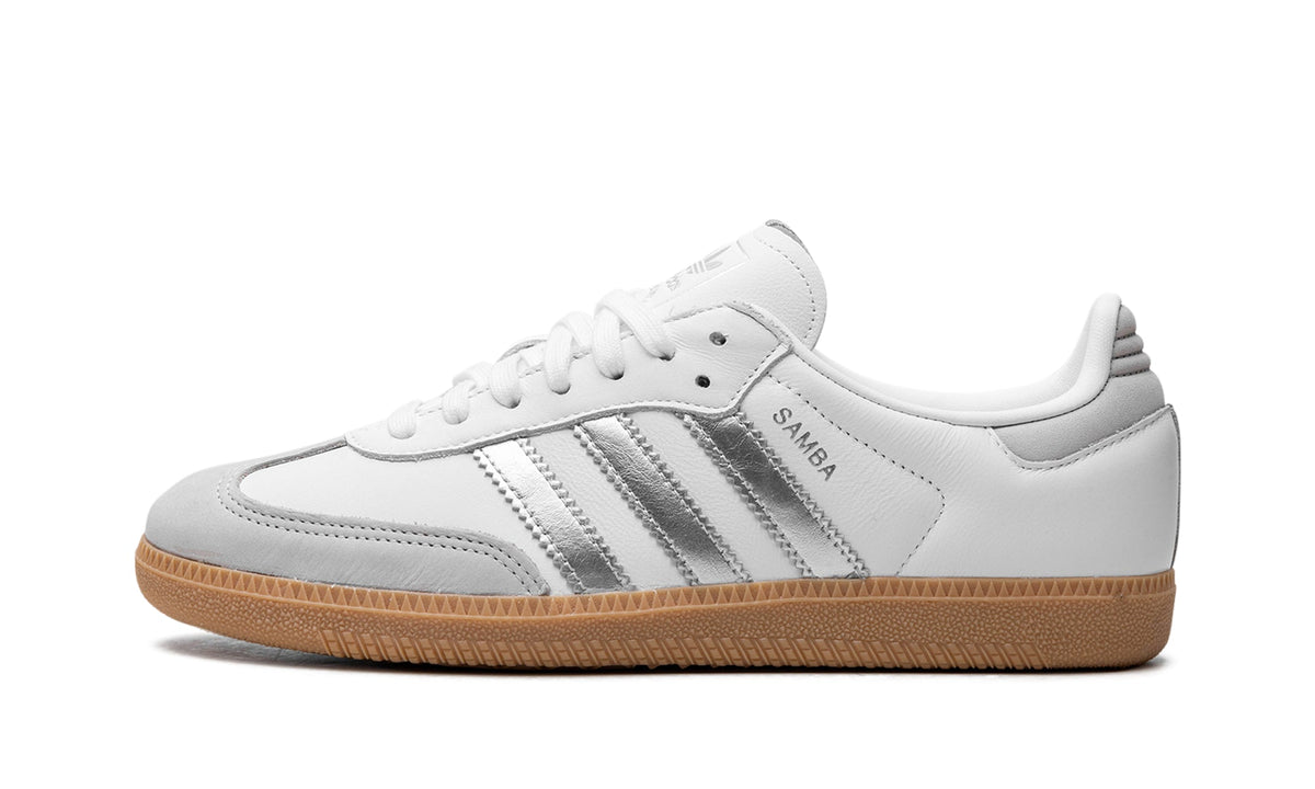 adidas Samba OG Sneakers - White and Metallic Silver with Gum Sole