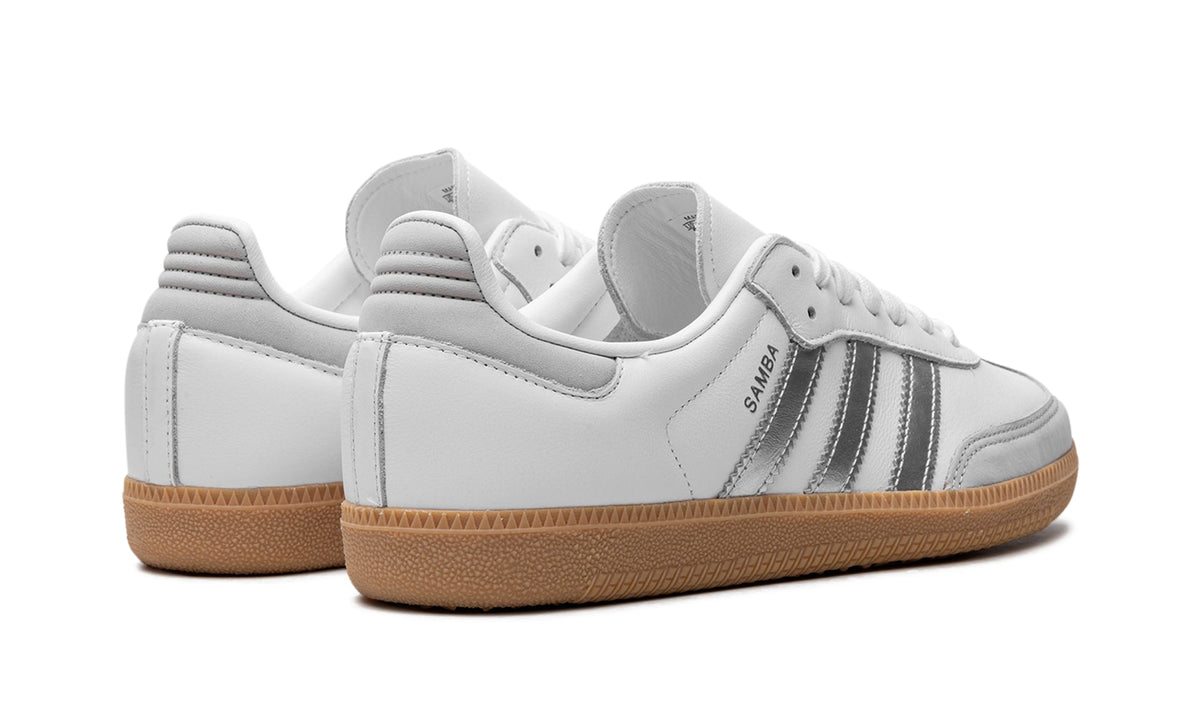 adidas Samba OG Sneakers - White and Metallic Silver with Gum Sole