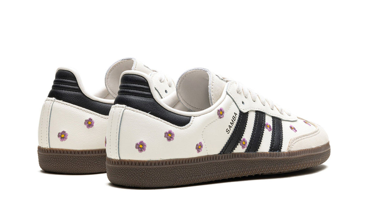 adidas Samba OG Floral Sneakers – Cream White, Black 3-Stripes & Purple Flowers with Brown Outsole