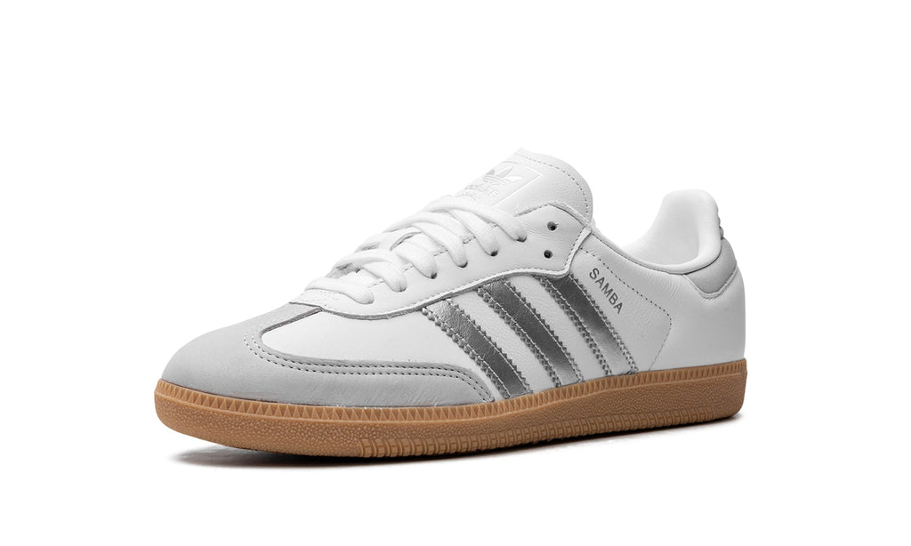 adidas Samba OG Sneakers - White and Metallic Silver with Gum Sole