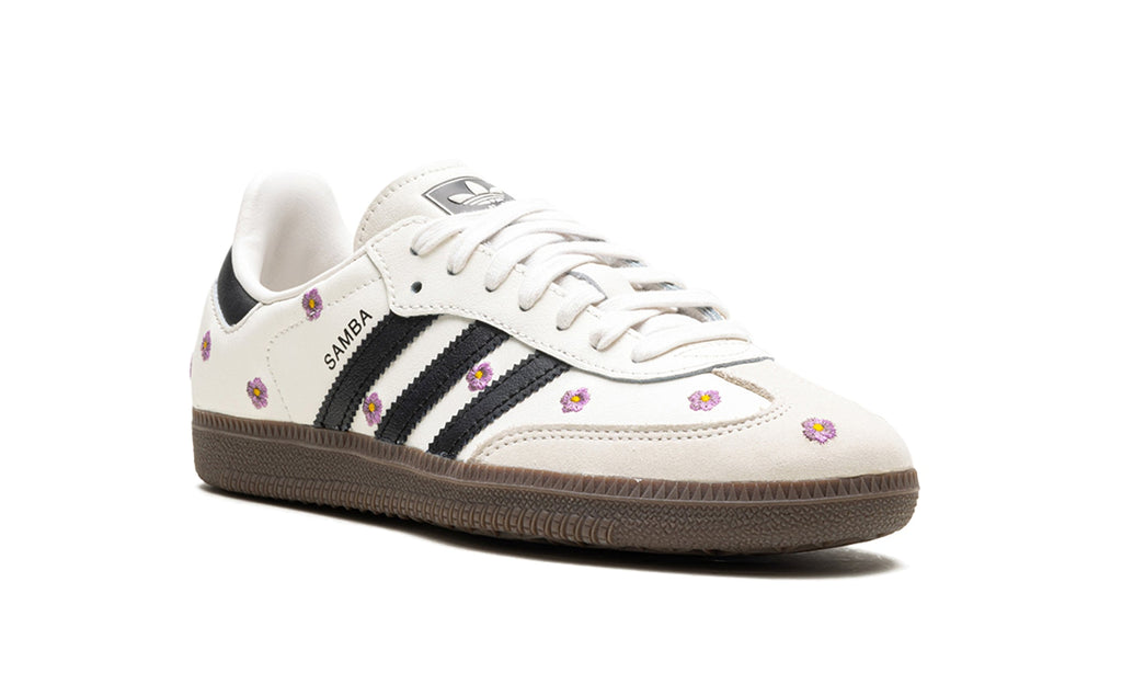 adidas Samba OG Floral Sneakers – Cream White, Black 3-Stripes & Purple Flowers with Brown Outsole