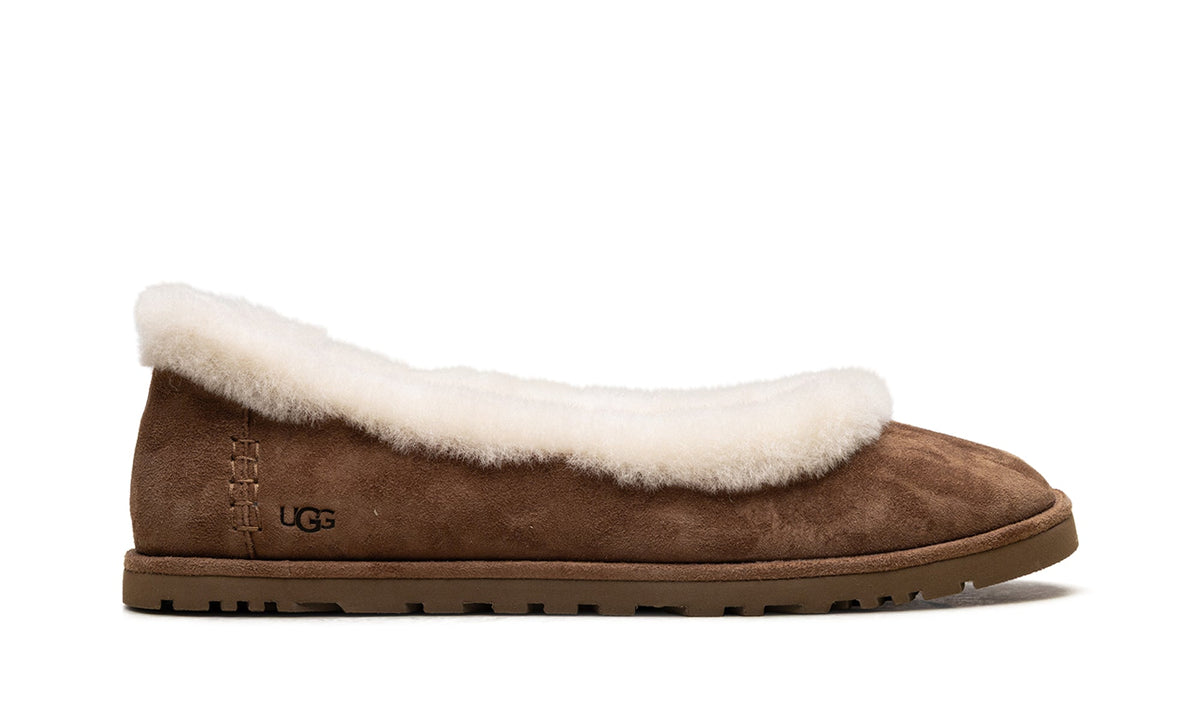 UGG Zora Ballet Flats - Chestnut Brown with Cream Plush Trim