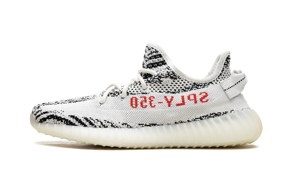 adidas Yeezy Boost 350 V2 Sneakers - White and Black Zebra Pattern with Red Lettering