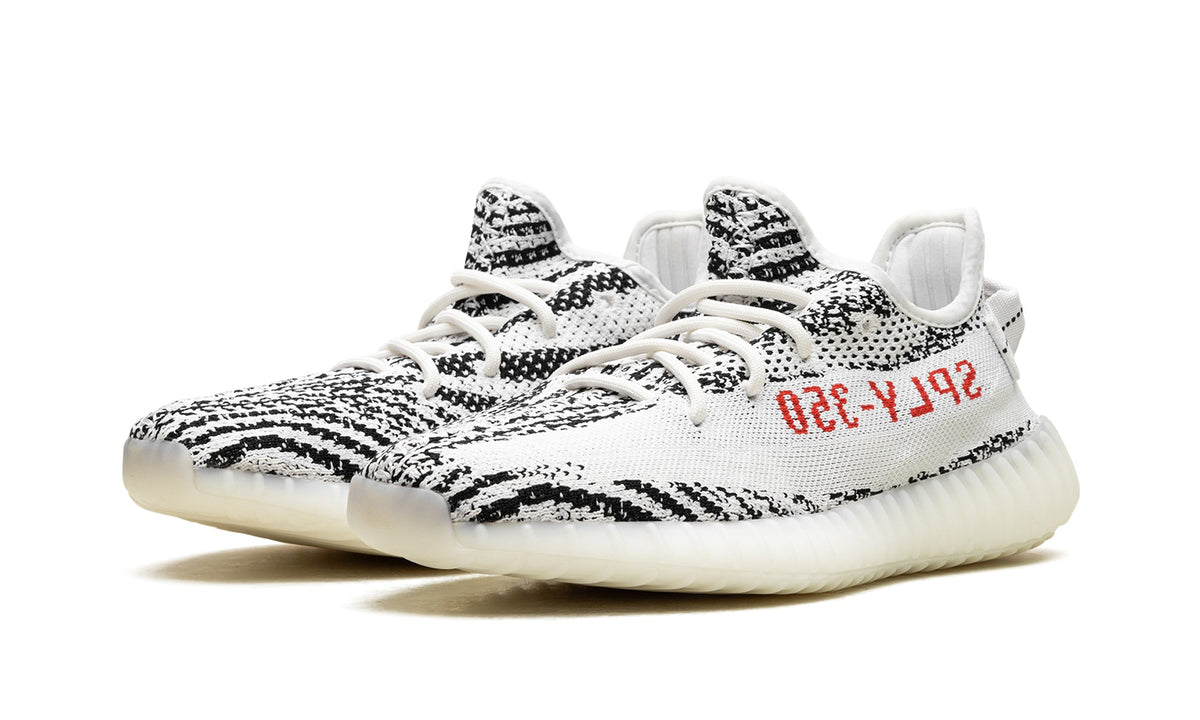 adidas Yeezy Boost 350 V2 Sneakers - White and Black Zebra Pattern with Red Lettering
