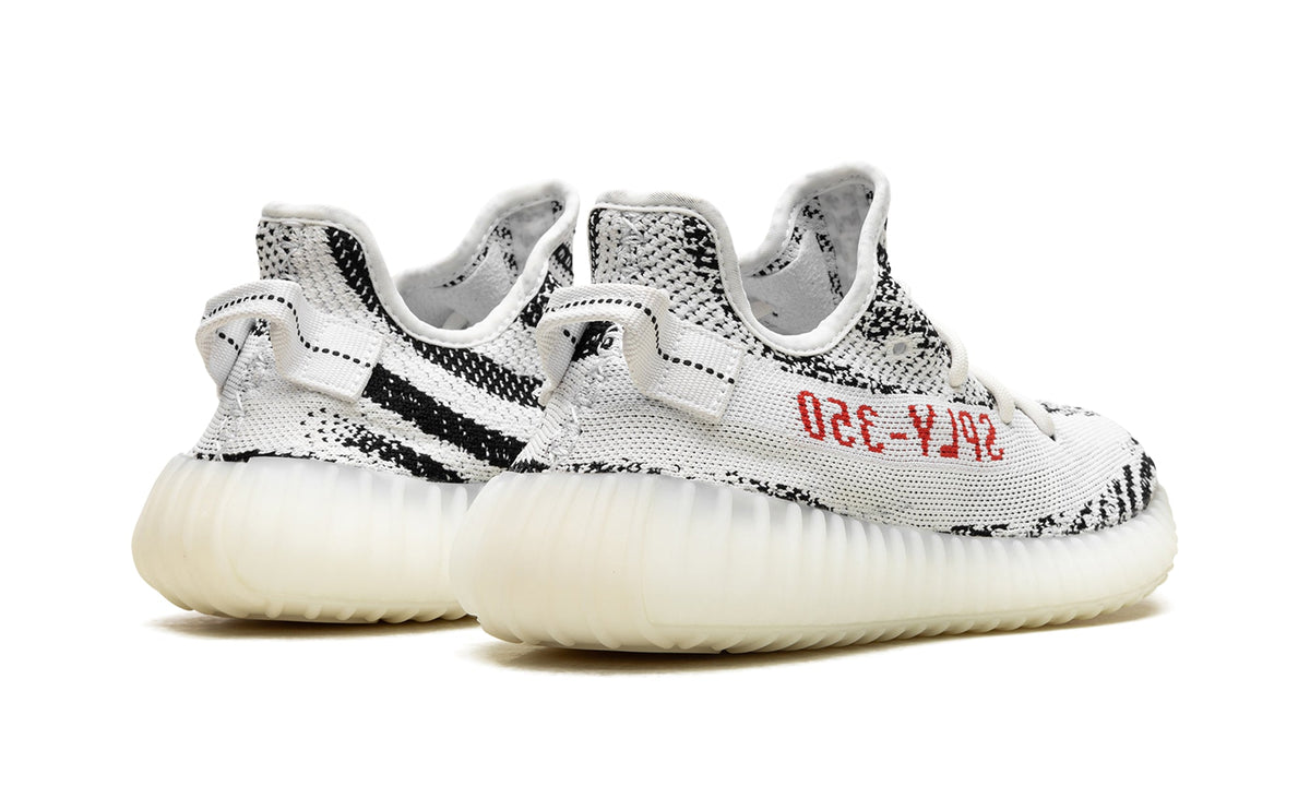 adidas Yeezy Boost 350 V2 Sneakers - White and Black Zebra Pattern with Red Lettering