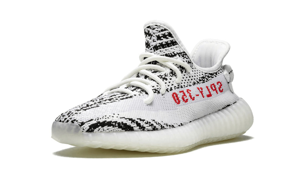 adidas Yeezy Boost 350 V2 Sneakers - White and Black Zebra Pattern with Red Lettering