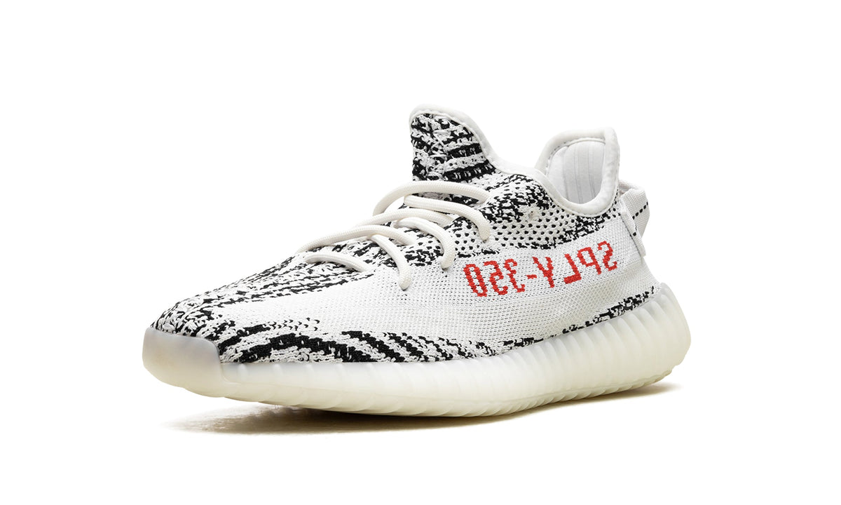adidas Yeezy Boost 350 V2 Sneakers - White and Black Zebra Pattern with Red Lettering