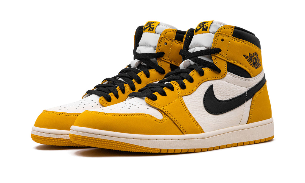 Air Jordan 1 Retro High OG Sneakers - Golden Yellow and White with Black Swooshes