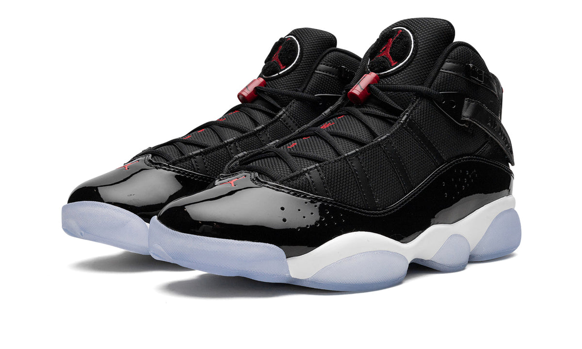 Jordan 6 Rings Sneakers - Black and White with Red Details and Icy Blue Outsole