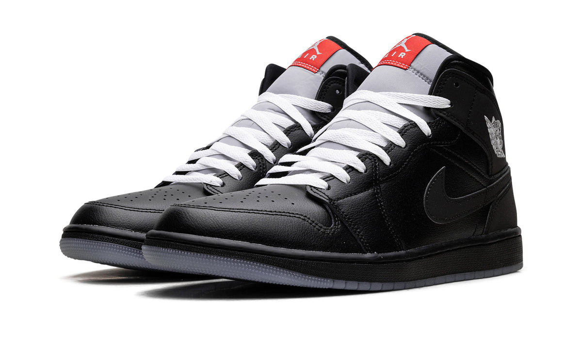 Air Jordan 1 Mid SE Sneakers - Black & Grey with White Laces and Red Accents