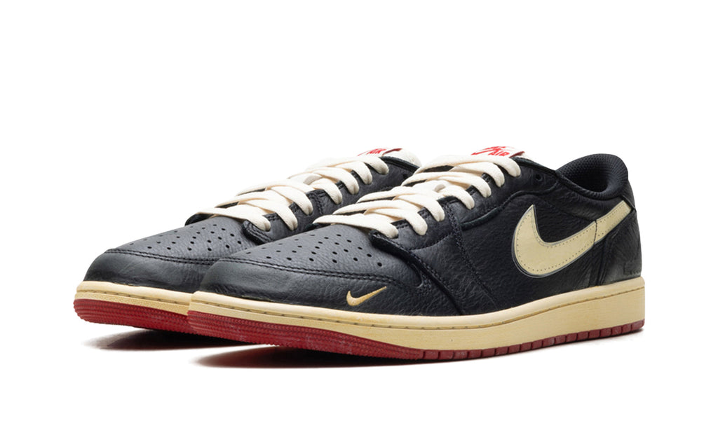 Air Jordan 1 Low OG Sneakers - Black & Cream with Red Outsole and Mini Swoosh
